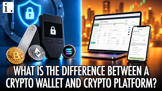 Split graphic showing a hardware crypto wallet and coins beside a laptop and phone with financial dashboards.