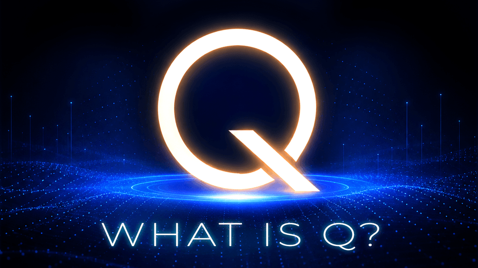 Glowing white Q symbol above a blue digital landscape with the text “WHAT IS Q?”