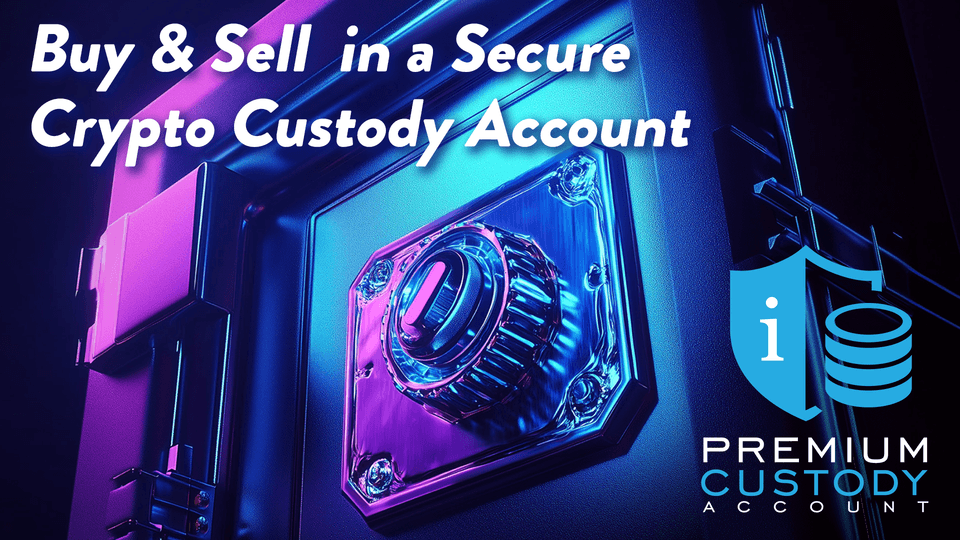 Neon-lit safe with a combination lock, crypto custody headline, and Premium Custody Account logo.