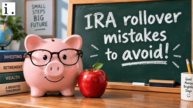 Pink piggy bank with glasses, red apple, books, and chalkboard reading “IRA rollover mistakes to avoid!”