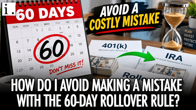 Financial thumbnail showing a 60-day calendar, 401(k)-to-IRA arrow, hourglass, and rollover-rule question.