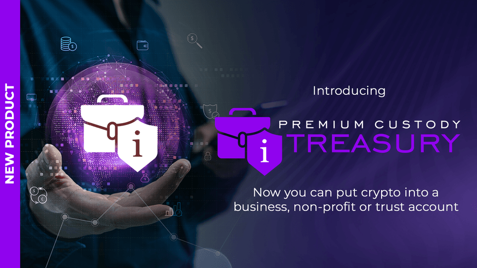 Promotional banner for Premium Custody Treasury with purple security icons and text about crypto accounts.