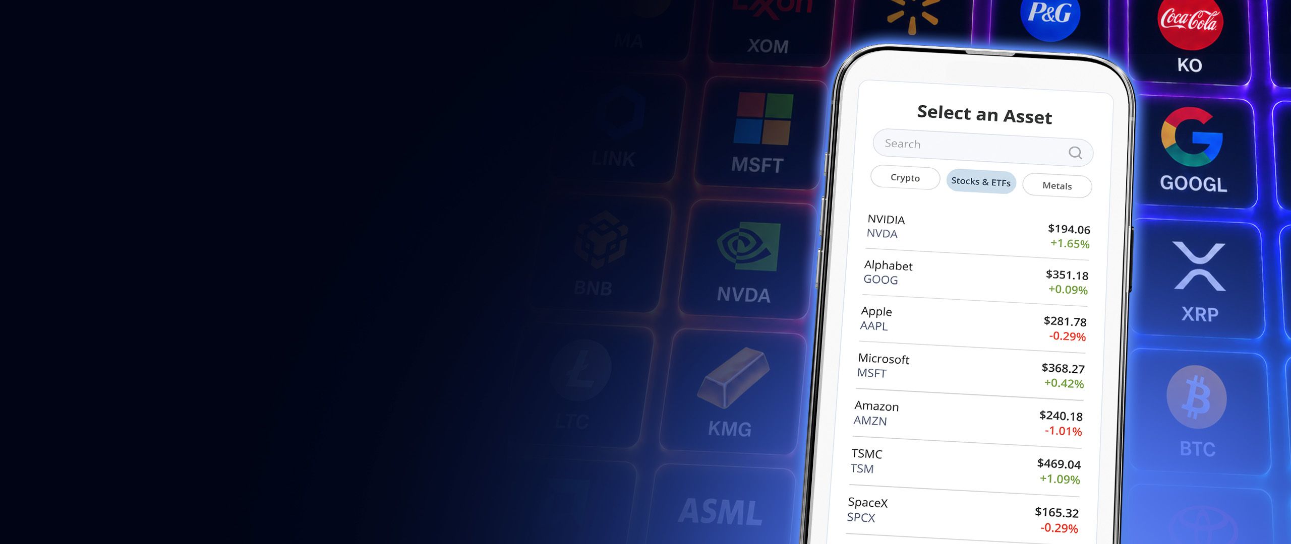 Tilted smartphone showing a stock asset-selection screen against glowing finance and cryptocurrency tiles.