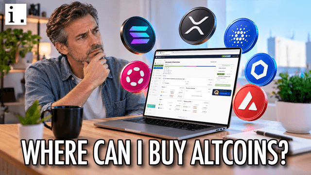 A man studies a laptop surrounded by cryptocurrency icons, with text reading “WHERE CAN I BUY ALTCOINS?”