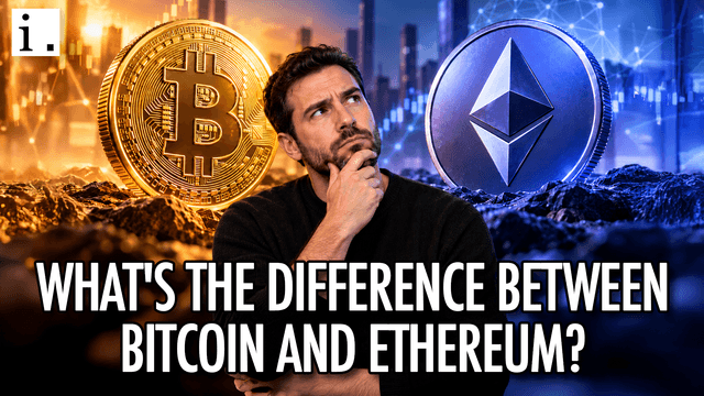 Thoughtful man between large Bitcoin and Ethereum coins with text asking their difference.