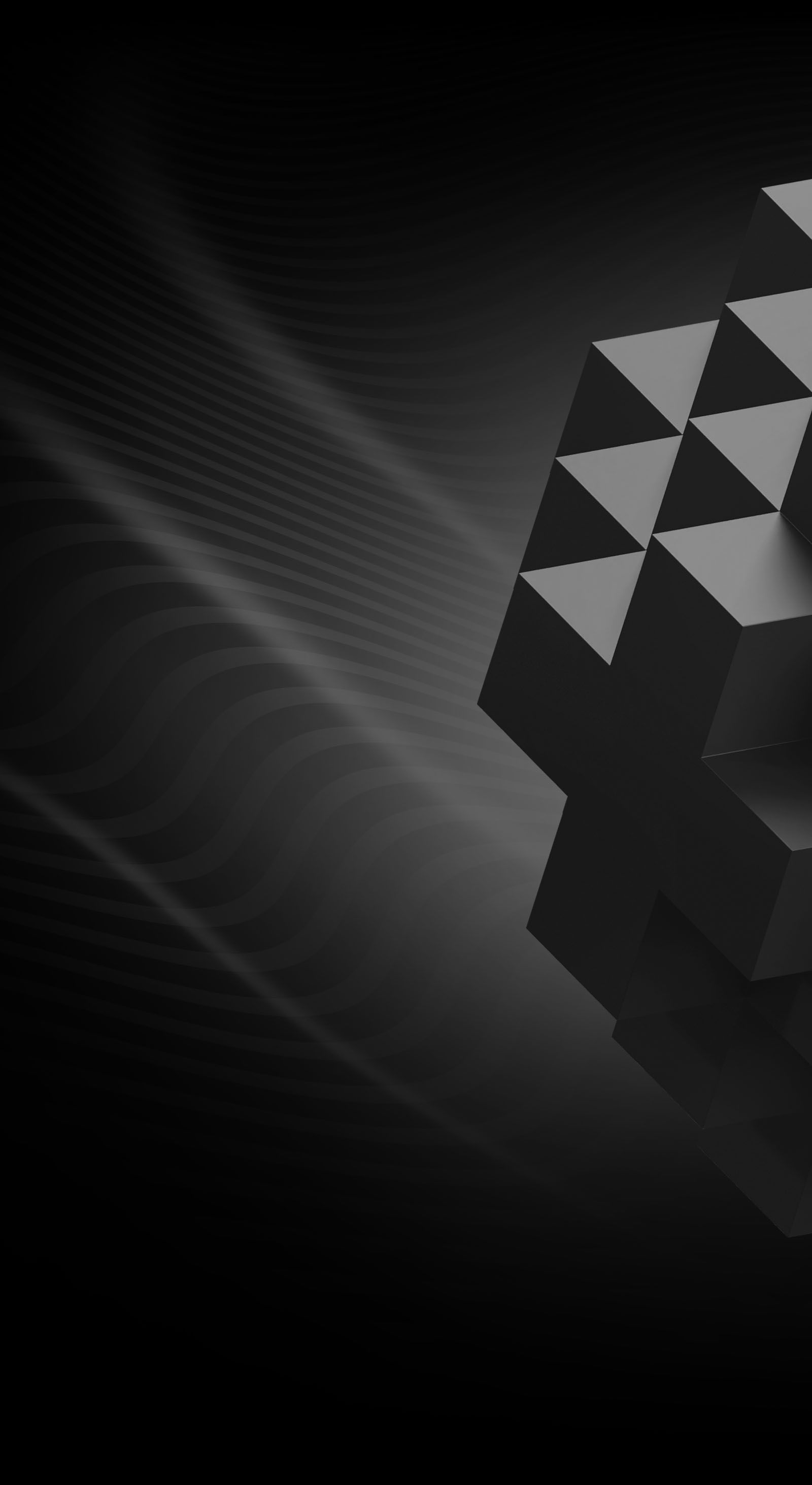 Monochrome abstract artwork with rippled dark waves and a faceted geometric structure along the right side.